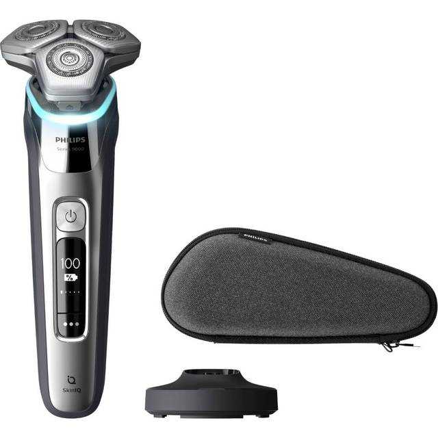 Philips Shaver S9000, elektrisk rakapparat för våt- och torrakning, Lift & Cut-raksystem och SkinIQ-teknik, uppfällbar trimsax, rengöringsfodral, laddningsställ, resefodral, kromat silver, S9975/54