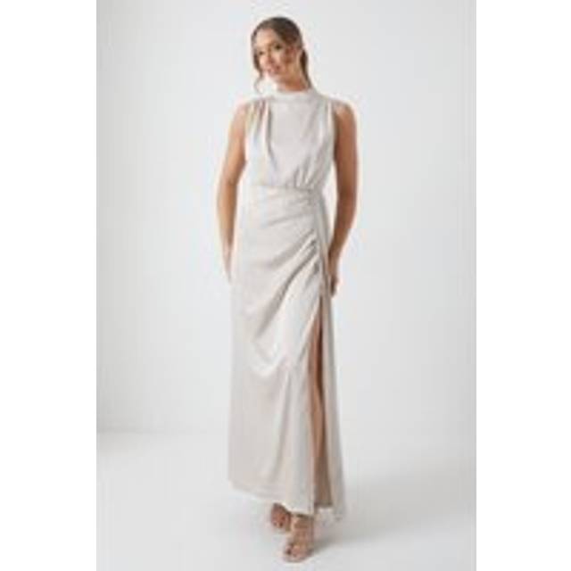 Cowl Neck Sash Satin Bridesmaid Dress - Champagne - 12