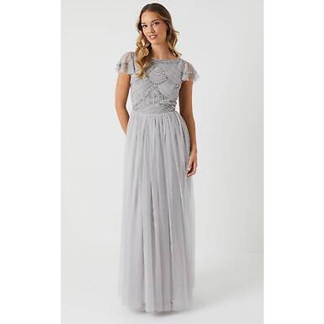 Embellished Short Sleeve Maxi Bridesmaid Dress - Grey Mist - 10