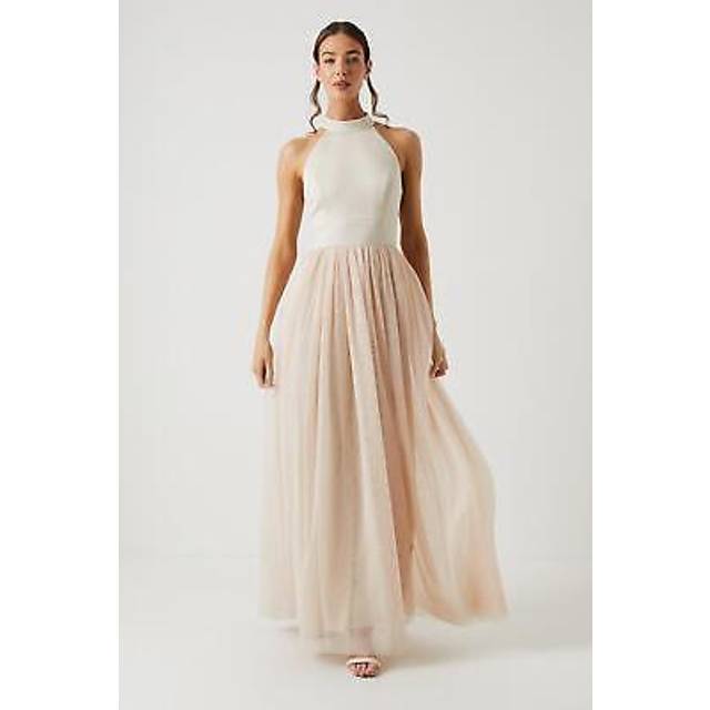 Satin Bodice Tulle Skirt Maxi Bridesmaid Dress - Champagne - 12