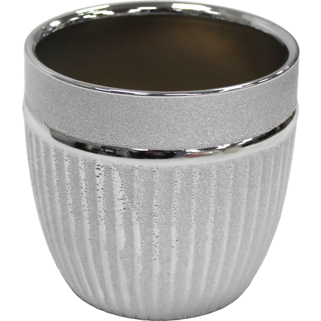 13cm Round Glazed Ceramic Planter, Shiny Silver Decorative Plant Pot