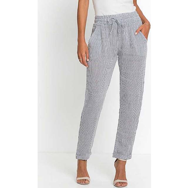 bonprix Drawstring Linen Trousers - Blue Stripe