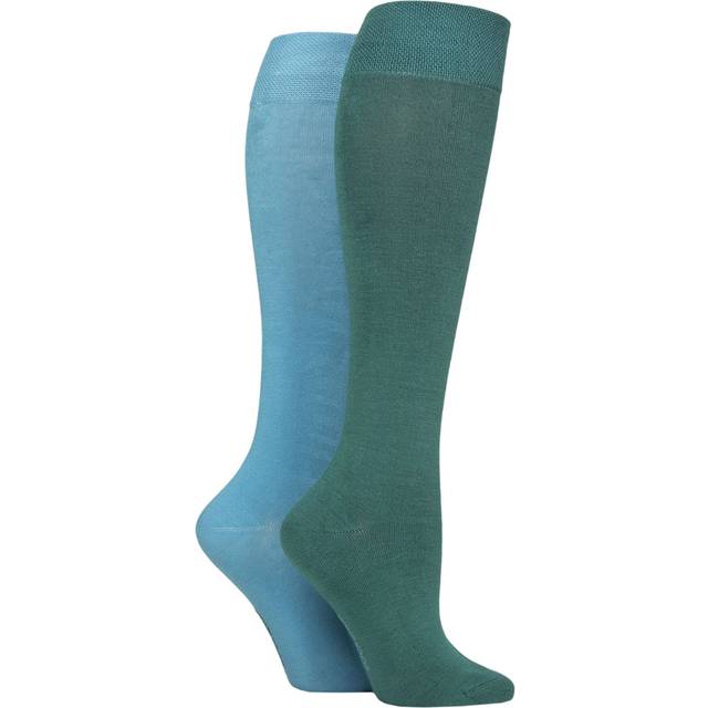 Women's 2 Pair SOCKSHOP Plain and Patterned Bamboo Knee High Socks with Smooth Toe Seams Storm 4-8 - Blue
