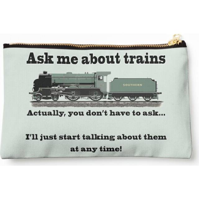 "Makeup Bag Funny, for train fans. ""Ask me about trains"" Trainspotter, steam train, model trains Cosmetic Organizer Tyvek Paper Bags Zipper Pouch"