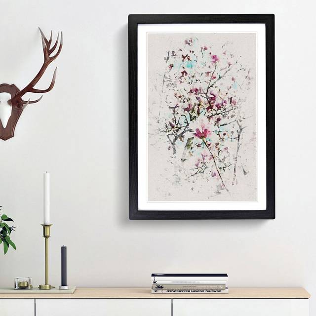 Pink Magnolia Blossom Tree - Picture Frame Painting Print - Black Framed (63cm H x 45cm W x 2cm D)