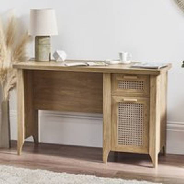 Sydney Oak Rattan Desk With Cupboard and Drawer