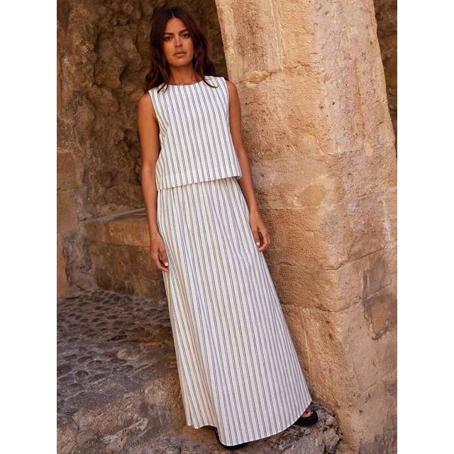 Ro&Zo Womens Ivory Stripe Linen-blend Skirt - White - Size 6 UK
