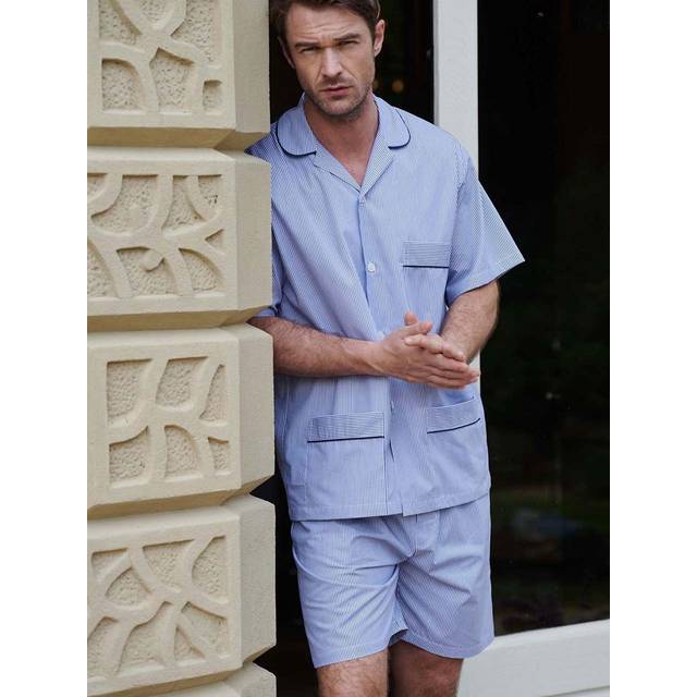 British Boxers Men's "Navy Pinstripe" Crisp Cotton Short Pyjama Set in Mid Navy | Size: Large
