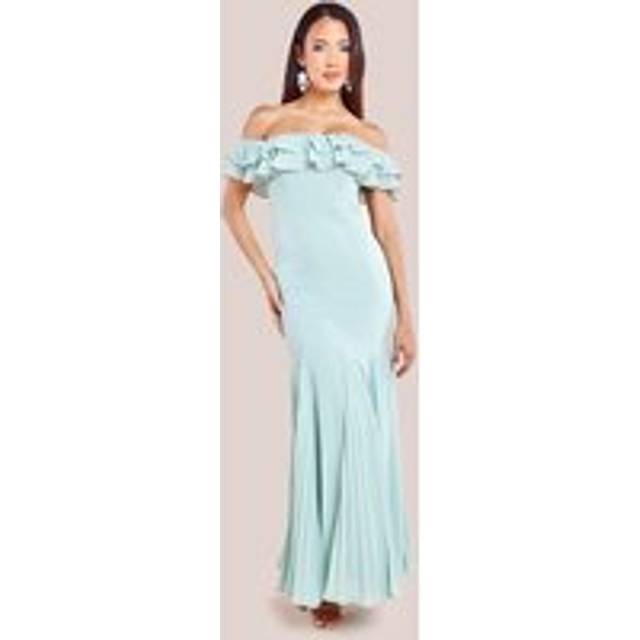 Frilled Off The Shoulder Pleated Chiffon Maxi Dress - Sage Green by Goddiva - Sagegreen - 10