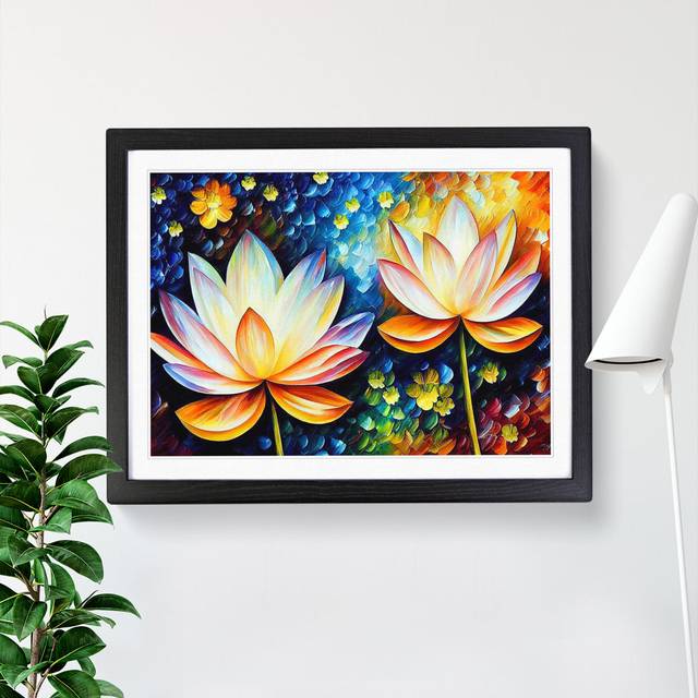 Painted Lotus Flowers Abstract - Picture Frame Graphic Art - Black Framed (46cm H x 64cm W x 2cm D)