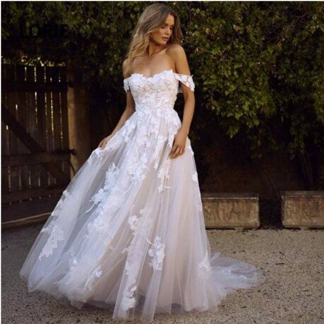 (Ivory) LORIE Lace Wedding Dresses 2020 Off the Shoulder Appliques A Line Bride Dress Princess Wedding Gown robe de mariee