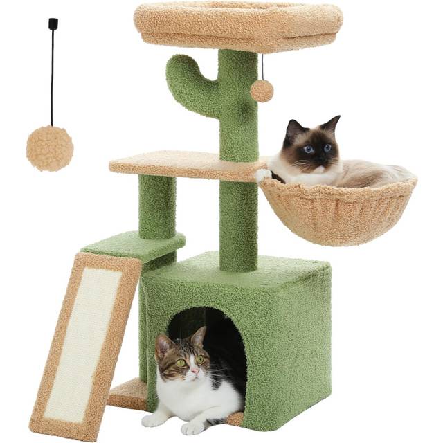 Cactus Cat Tree With Scratching Pad and Big Hammock Cat Tower With Condo, Small Cat Tower Comfy Basket For Indoor Cats, 80cm Green