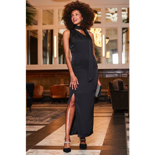 Sosandar Womens Black One Shoulder Tie Neck Satin Maxi Dress - Size 6 UK