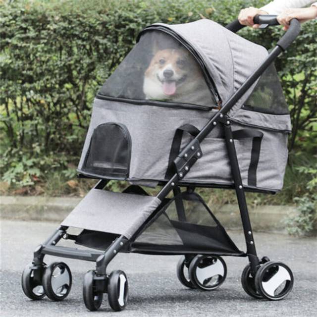 Large foldable dog stroller pet cat travel pushchair pram w/mesh windows 4 wheel