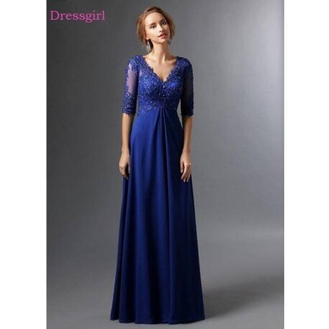 (same as the photo) Royal Blue 2019 Mother Of The Bride Dresses A-line V-neck Half Sleeves Chiffon Lace Long Elegant Groom Mother Dresses Wedding