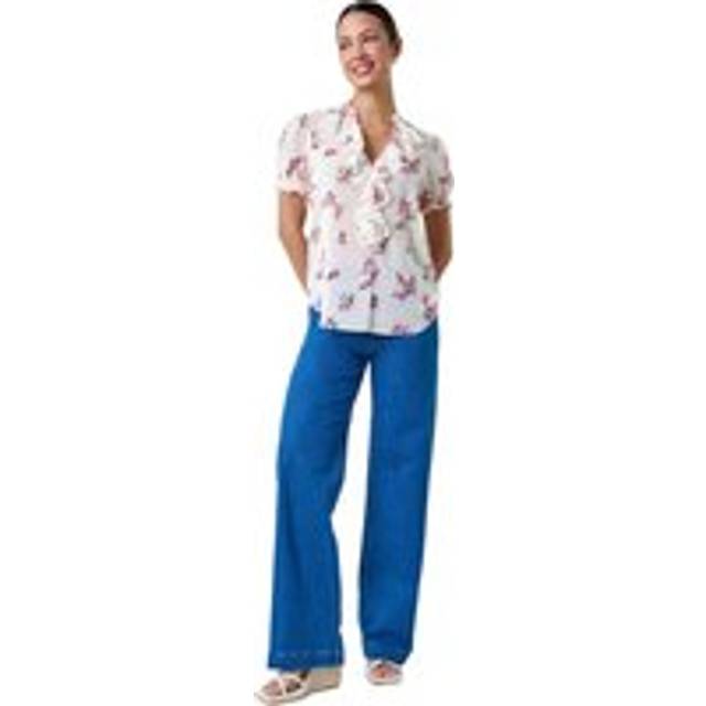 Textured Spot Floral Print V-Neck Frill Top - Ivory - 10