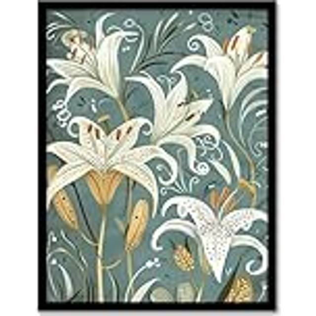 Quirky White Lily Pattern Spring Flower Artwork Framed Art Print - Blue - A4