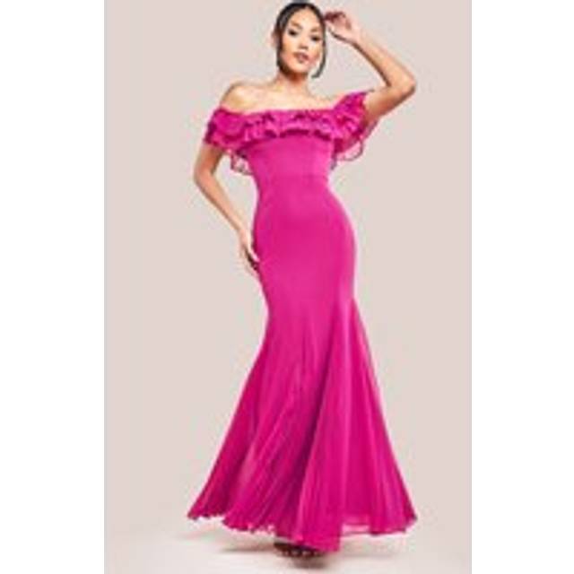 Frilled Off The Shoulder Pleated Chiffon Maxi Dress - Magenta by Goddiva - 10