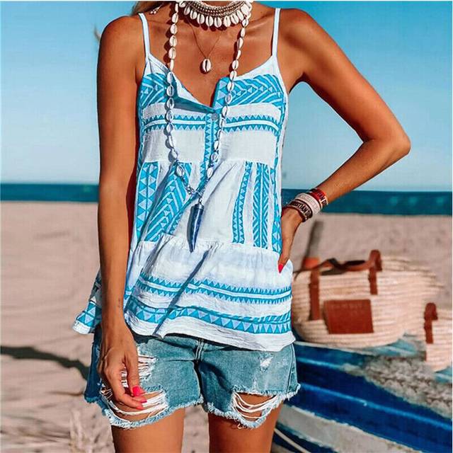 (Sky Blue, 2XL) Women T Shirts Stripe Tank Tops Ladies Fashion Sleeveless Beach Vest Sexy V Neck