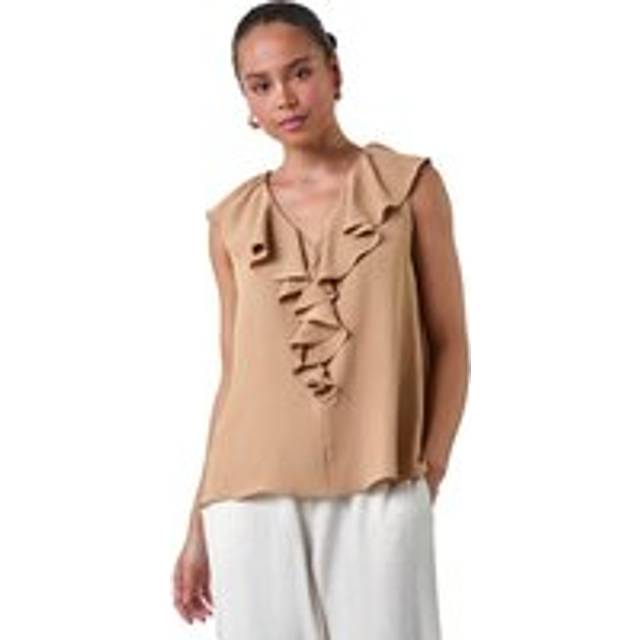 Roman Petite Camel Frill Front Vest Top - Size 10