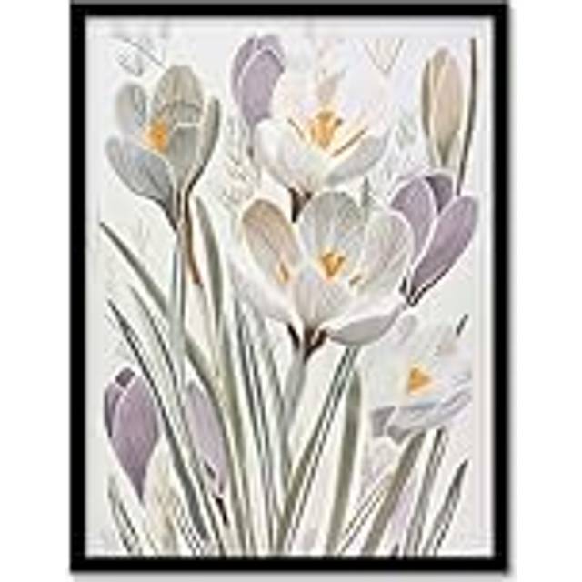Crocus Flowers in Bloom Artwork Pastel Bouquet Framed Art Print - White - A4