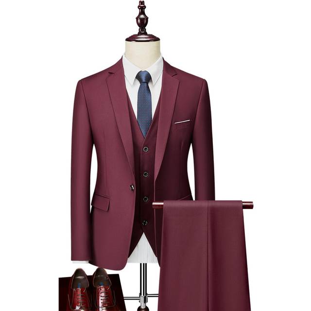 (burgundy , S) Men's Business Casual Suit Three Piece Suit