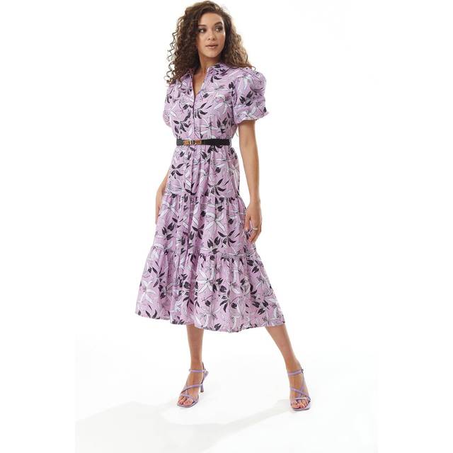 Womens Floral Print Button Up Midi Dress in Lilac - Purple - S
