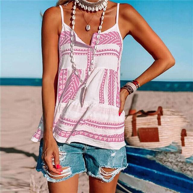 (Pink, S) Women T Shirts Stripe Tank Tops Ladies Fashion Sleeveless Beach Vest Sexy V Neck