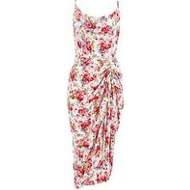 Womens Off White Floral Satin Ruched Midi Dress - Tan - 12