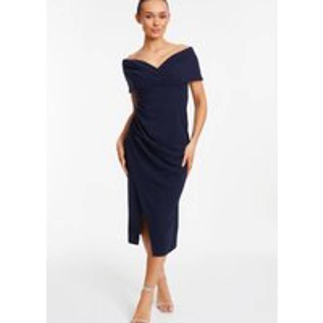 Quiz Womens Navy Bardot Ruched Wrap Midi Dress - Blue - Size 8 UK
