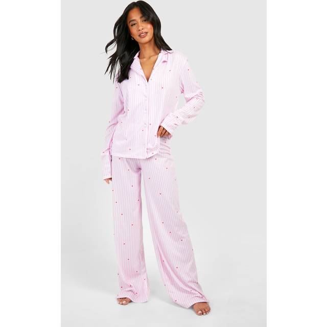 Womens Petite Pinstripe Heart Print Long Sleeve Shirt & Trousers Pyjama Set - Pink - 8, Pink