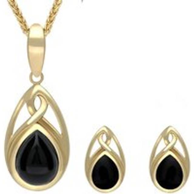 9ct Yellow Gold Whitby Jet Pear Celtic Two Piece Set