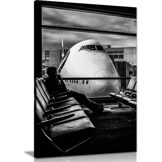 Panther Print Fine Art Prints Black & White Man Waiting For His Plane Artistic Framed Canvas Print, Pictures For Home Walls, Bedroom, Living Room & Ba (46cm H x 31cm W)