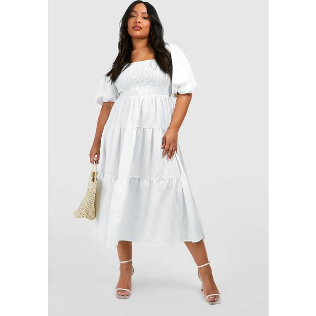 Womens Plus Tiered Shirred Midaxi Smock Dress - White - 26