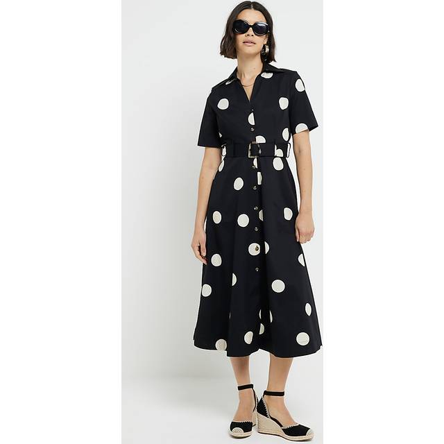 River Island Polka Dot Shirt Midi Dress - Black, Black, Size 6, Women