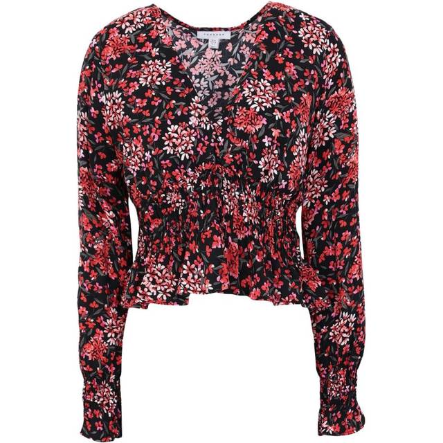 Topshop Womens Long Sleeve Ruched Crop Blouse - Red viscose - Size 10 UK