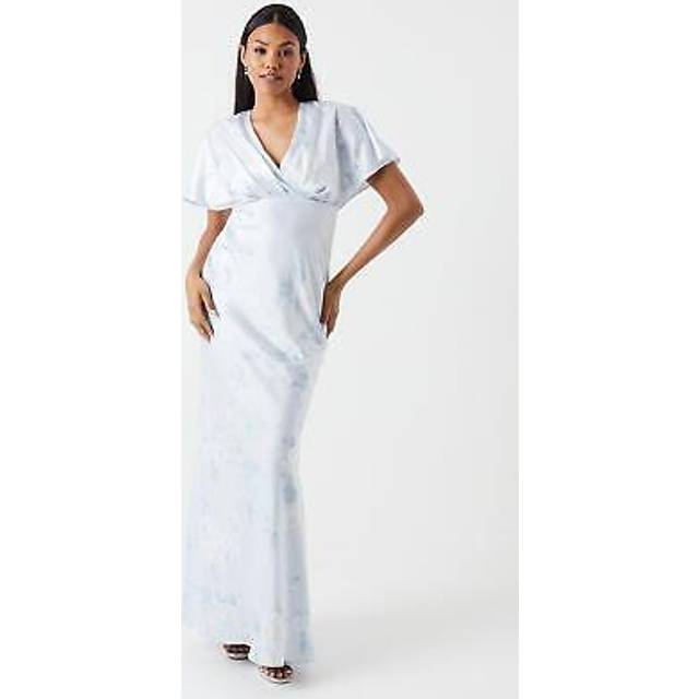 Printed Batwing Sleeve Satin Bridesmaid Maxi Dress - Blue - 10