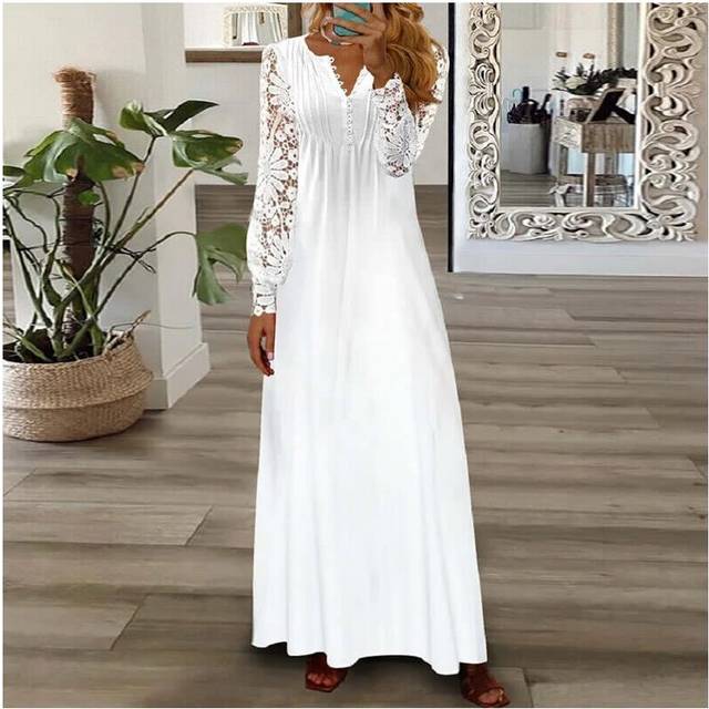 (White, Tag Size 4XL=UK Size 20) Plus Size Women Lace Long Sleeve Maxi Dress Ladies Floral V Neck Party Sundress
