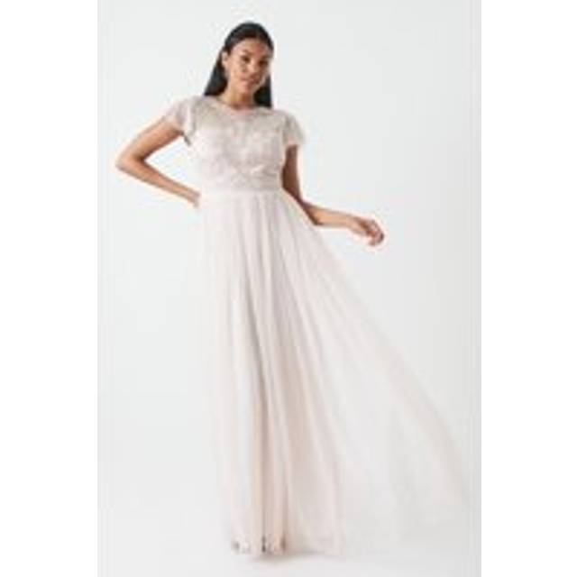 Coast womens maxi dress blush v-neck short sleeve angel sleeve tulle overlay