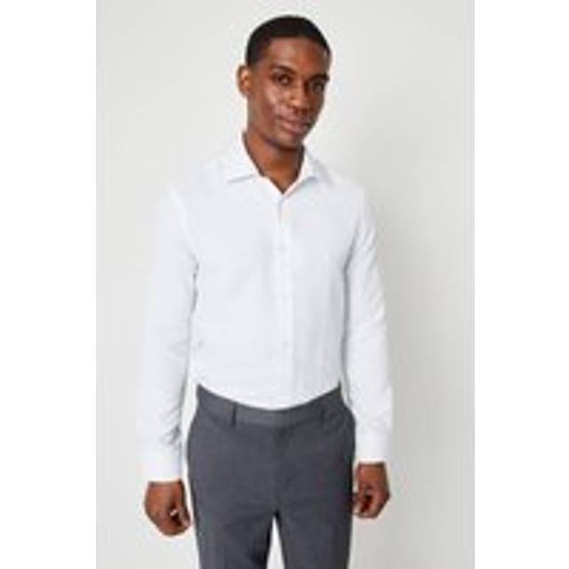 Mens Slim Fit Basket Weave Smart Long Sleeve Shirt - White - 17 in