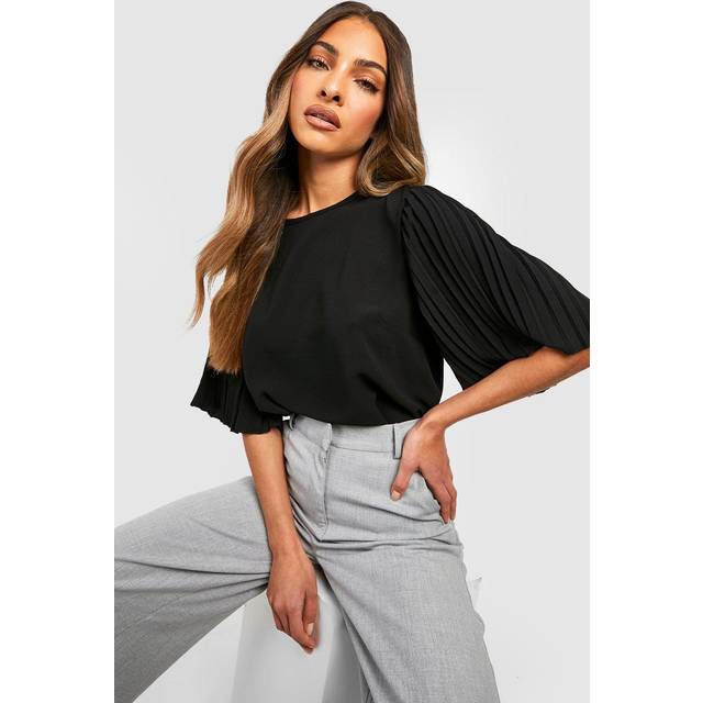 Womens Pleat Sleeve Woven Blouse - Black - 14