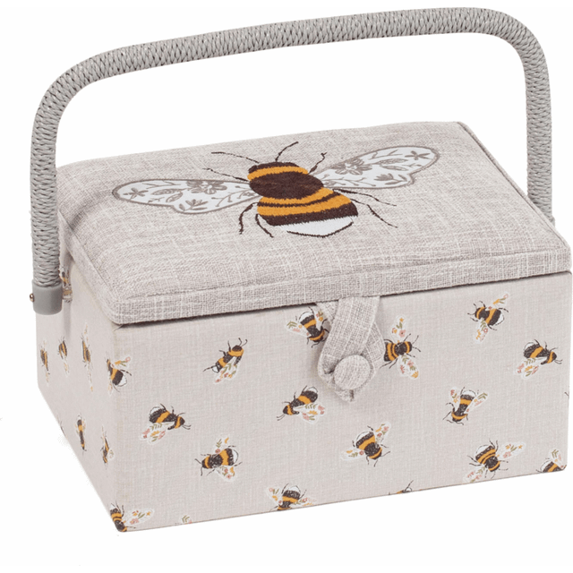 Sewing Box, Wood/Fabric, Embroidered Bee, Medium