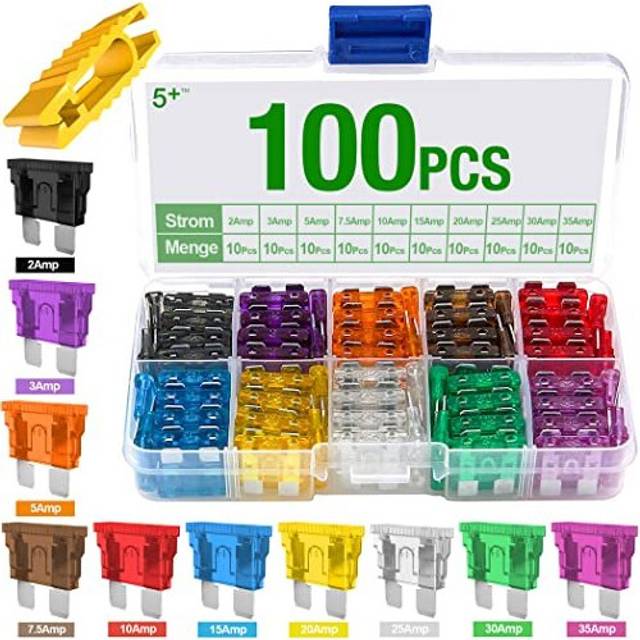 Standard Fuses 100 Pcs Assorted Auto Car Standard Blade Fuses Replacement Kit 2A 3A 5A 75A 10A 15A 20A 25A 30A 35A With 1 Carrying Box And Fuse Box