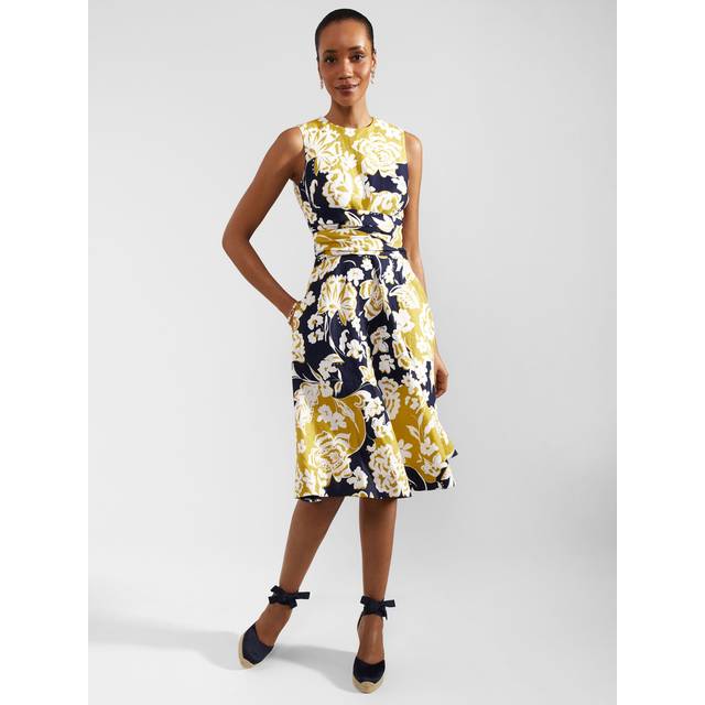 Hobbs Twitchill Floral Print Linen Dress, Yellow/Multi