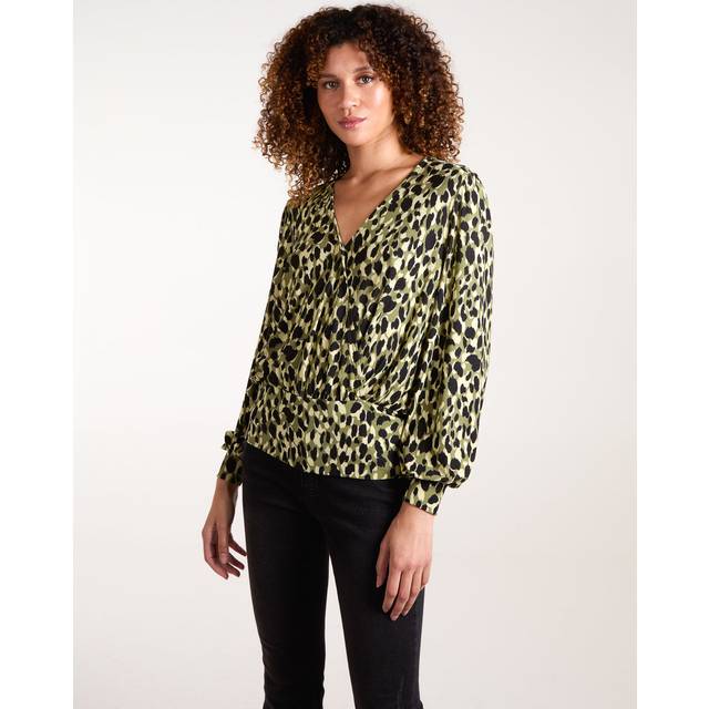 Wrap Front Leopard Print Deep Hem Band Top - S / KHAKI