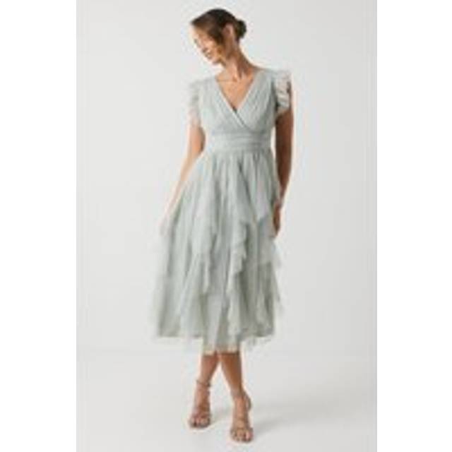 V Neck Ruffle Mesh Bridesmaid Midi Dress - Sage - 10