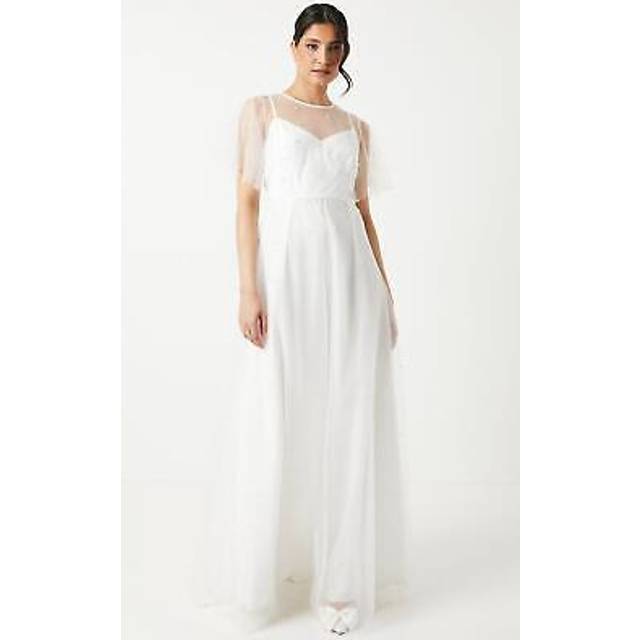 Coast Womens Maxi Dress Ivory Pearl Embellished Mesh Crew Neck Short Sleeve