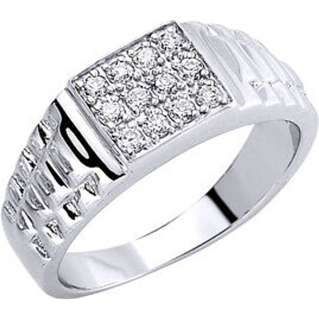 (T) Jewelco London Mens Rhodium Plated Sterling Silver Cubic Zirconia Watch Strap Cluster Signet Ring