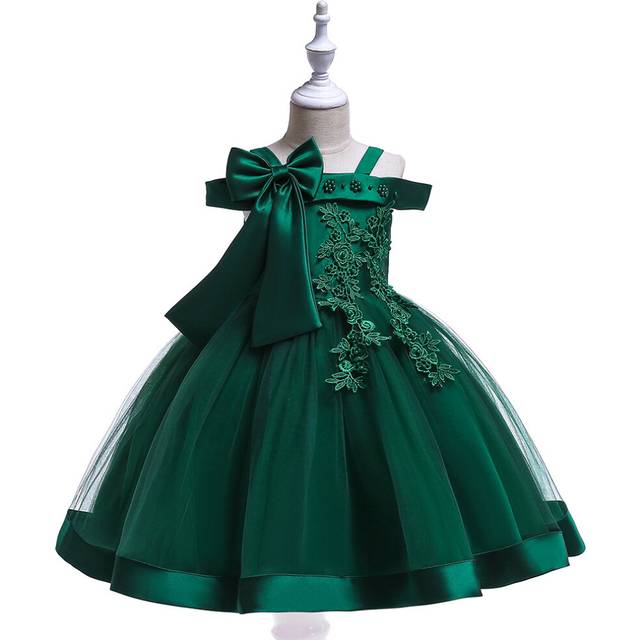 (Green, 6-7Years) Kids Girls Mesh Bow beads flower dress UK
