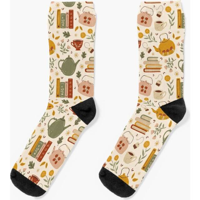 Dress Socks Flowery Books and Tea Novelty Fancy Crazy Pattern Crew Casual for Men Women